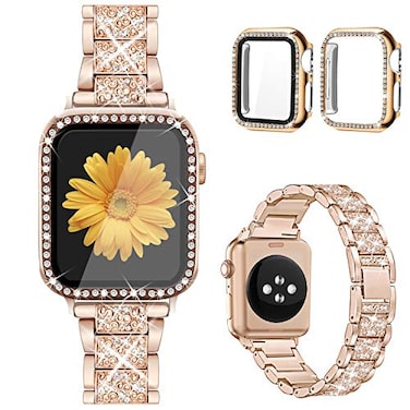 Mesime Compatible for Apple Watch Band with Screen Protector Case, Jewelry Replacement Bands 46mm 45mm 44mm 42mm 41mm 40 mm 38mm 2 Pack Protective Cover for iWatch Series 10/9/8/7/6/5/4/3/2/1/SE Women