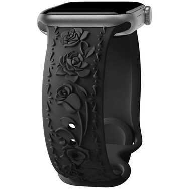 Floral Engraved Band Compatible with Apple Watch Band 40mm 41mm 38mm 42mm 44mm 45mm 46mm 49mm Women, Soft Silicone Embossed Flower Strap for iWatch Band Series SE Ultra 10 9 8 7 6 5 4 3 Black 38