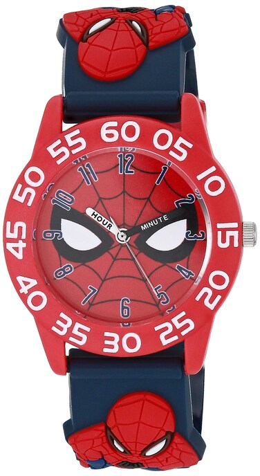 Marvel Spider-Man Kids' Plastic Time Teacher Analog Quartz 3D Strap Watch, Red/Navy/Multi Navy