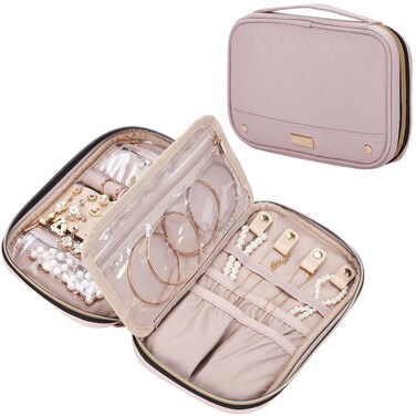 NISHEL Travel Jewelry Case, Holiday Organizer for Necklaces, Earrings, Rings, Bracelets, Watch, Pink