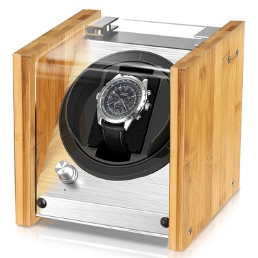 Watch Winder for Single Automatic Watches - Bamboo Watch Winder Box with Quiet Motor 4 Rotation Mode Setting