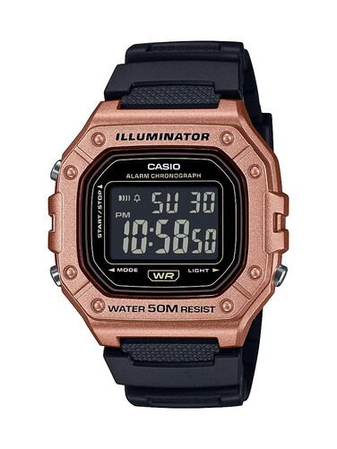 Casio W-218HM Series   Men's Digital Watch   (Black/Gold)   LED Illuminator   7-Year Battery   Alarm   Chronograph   Auto Calendar   Digital Watch