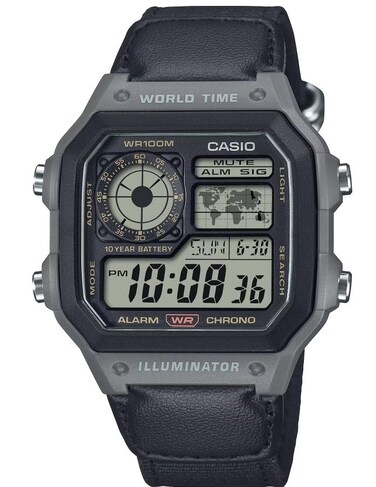 Casio AE1200 Series  Black/Gray   LED Illuminator   World Time   10-Yr Battery   Chronograph   Alarm