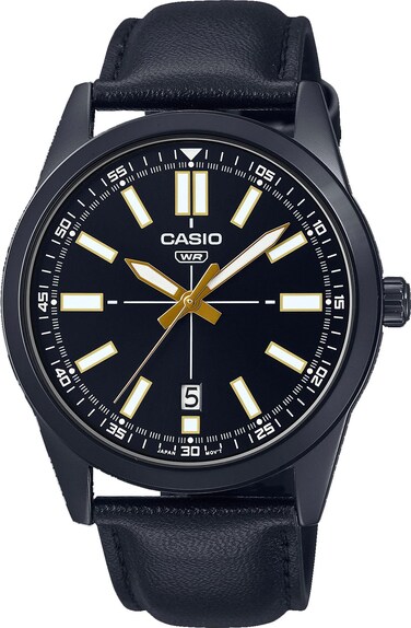 Casio MTP-VD02BL-1E Men's Black IP Black Dial Leather Band 3-Hand Analog Watch
