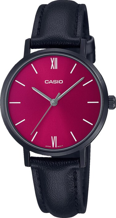 Casio LTP-VT02BL-4A Women's Minimalistic Black IP Red Dial Leather Band 3-Hand Analog Watch