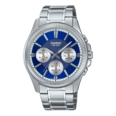 Casio MTP1375D-2A1V Men's Stainless Steel Fluted Bezel Multifunction Blue Dial Watch