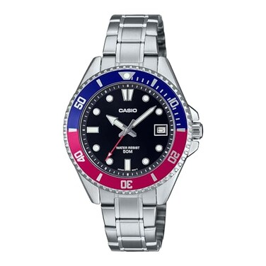 Casio MDV10D-1A3V Unisex Dive Inspired 38 mm Stainless Steel Black Dial Sports Watch (Red/Blue)