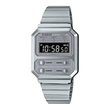 Casio A100WE-7B Men's Vintage Collection Silver Tone Alarm Chronograph Backlight Digital Watch