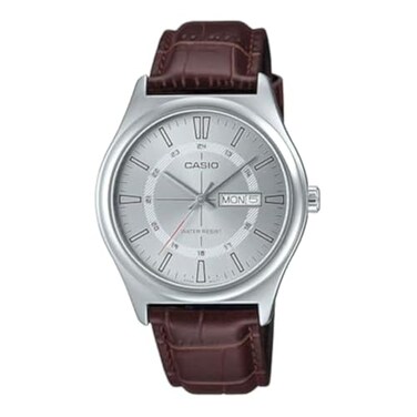 Casio MTP-V006L-7C Men's Leather Band 24 Hour Silver Index Dial Day Date 3-Hand Analog Watch