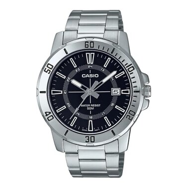 Casio MTP-VD01D-1CV Men's Enticer Stainless Steel 24 Hour Black Index Dial Casual Analog Sporty Watch