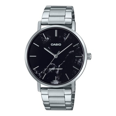 Casio MTP-VT01DM-1A Men's Stainless Steel Minimalistic Black Marbled Dial 3-Hand Analog Watch