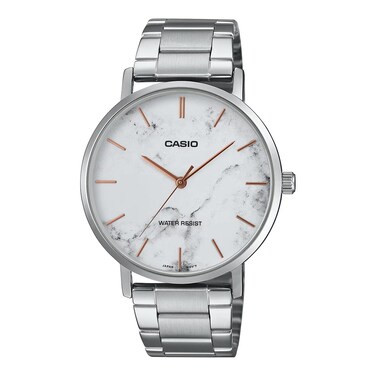 Casio MTP-VT01DM-7A Men's Stainless Steel Minimalistic White Marbled Dial 3-Hand Analog Watch
