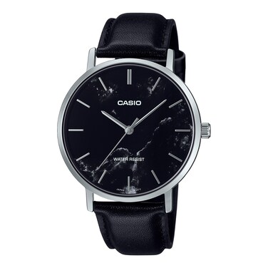 Casio MTP-VT01LM-1A Men's Minimalistic Black Marbled Dial Leather Band 3-Hand Analog Watch
