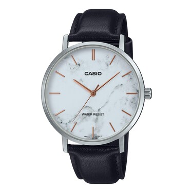 Casio MTP-VT01LM-7A Men's Minimalistic White Marbled Dial Leather Band 3-Hand Analog Watch