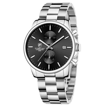GOLDEN HOUR Men's Watches with Silver Stainless Steel and Metal Casual Waterproof Chronograph Quartz Watch, Auto Date in Black Dial