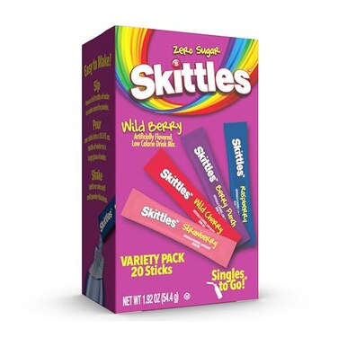 Skittles Singles To Go Variety Pack, Watertok Powdered Drink Mix, Zero Sugar, Low Calorie, Includes 4 Flavors, 1 Box (20 Single Servings) (Wild Berry)