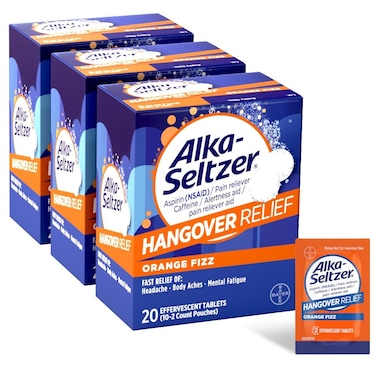 Alka-Seltzer Hangover Relief Tablets, Fast Relief Starts In About 15 Minutes for Headaches, Body Aches &amp; Mental Fatigue, Bachelorette &amp; Bachelor Party Packs 60 Count (3 Boxes, 20 Tablets Each)