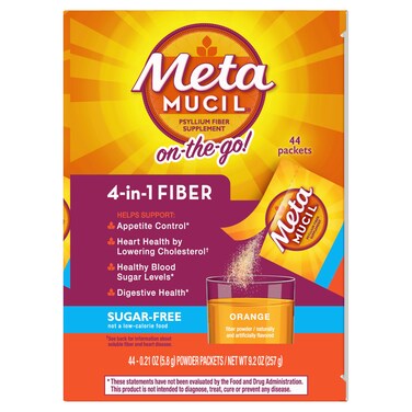 Metamucil On-The-Go, Daily Psyllium Husk Powder Supplement, Sugar-Free Powder, 4-in-1 Fiber for Digestive Health, Orange Flavored Drink, 44 Packets