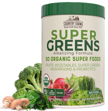 Country Farms Super Greens Natural Flavor, 50 Organic Super Foods, USDA Organic Drink Mix, Fruits, Vegetables, Super Greens, Mushrooms &amp; Probiotics, Supports Energy, 20 Servings, 10.6 Oz