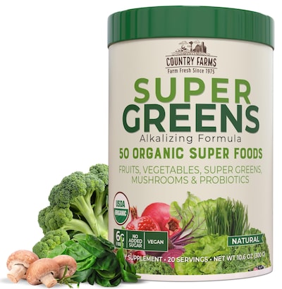 Country Farms Super Greens Natural Flavor, 50 Organic Super Foods, USDA Organic Drink Mix, Fruits, Vegetables, Super Greens, Mushrooms & Probiotics, Supports Energy, 20 Servings, 10.6 Oz