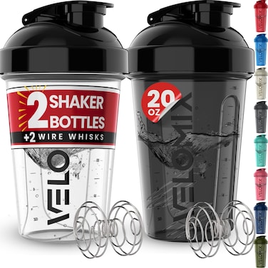 VELOMIX -2 Pack- 20 oz Protein Shaker Bottles for Protein Mixes - 2x Wire Whisk   Leak Proof Shaker Cups for Protein Shakes and Pre Workout   Protein Shaker Bottle Pack   Protein Mixer Cup