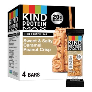 KIND Protein MAX Sweet &amp; Salty Caramel Peanut Crisp Snack Bars, 20g of Protein, Keto Friendly, 1g of Sugar Per Bar, Gluten Free, 4 Count Box