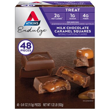 Atkins Endulge Milk Chocolate Caramel Squares, Dessert Favorite, Good Source of Fiber, 1g Sugar, 48 Count (16 Servings)
