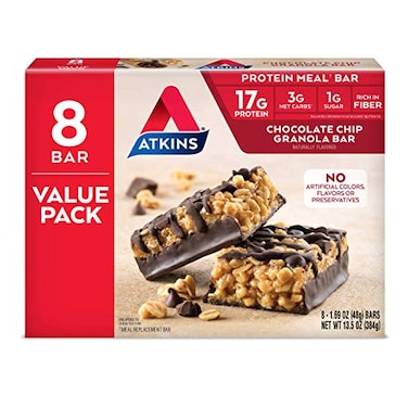 Atkins Chocolate Chip Granola Protein Meal Bar, High Fiber, 17g Protein, 1g Sugar, 3g Net Carbs, Meal Replacement, Keto Friendly, 8 Count