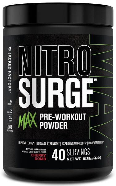 Jacked Factory Nitrosurge Max High Performance Pre Workout Powder - Pre Workout w/Nootropic Ingredients for Intense Focus, Pumps, Smooth Energy, Endurance - 40 Servings, Cherry Bomb