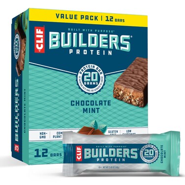 CLIF Builders - Chocolate Mint Flavor - Plant Based Protein Bars - Gluten Free - Non-GMO - Low Glycemic - 20g Protein - 2.4 oz. (12 Pack)