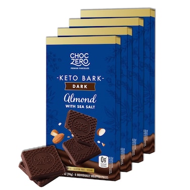 ChocZero Keto Bark, Dark Chocolate Almonds with Sea Salt, Sugar Free, Low Carb, No Sugar Alcohols, No Artificial Sweeteners, All Natural, Non-GMO, 3.2 Ounce (Pack of 4)
