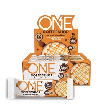 ONE Coffee Shop Protein Bars + Caffeine, Caramel Macchiato, Gluten Free with 20g and only1g Sugar, Guilt-Free Snacking for High Diets, 12 Count (Pack of 1)