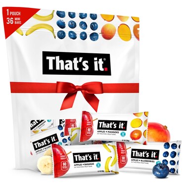 That's it. Mini Fruit Bars Gift Pouch (Variety 36 Count) No Sugar Added, Plant-Based, Vegan &amp; Gluten Free, Paleo, Non GMO, Fiber (12 Banana, 12 Blueberry, 12 Mango)