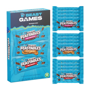 Feastables MrBeast Beast Games Chocolate Bar Box, Milk Chocolate, Crunch, and Peanut Butter, 1.24 oz (35g), 12 count