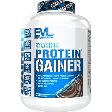 Evlution Nutrition Stacked Protein Gainer, 50 Grams Whey Protein Powder Complex, 251 Grams Carbohydrates, Build Muscle, Recovery, Post Workout, Gluten-Free (Double Rich Chocolate, 6 LB)
