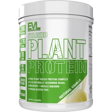 Evlution Nutrition Stacked Plant Protein Powder, Vegan, Non-GMO, Gluten-Free, Probiotics, BCAAs, Fiber, Complete Plant-Based Protein Complex, 1.5 LB (Natural Vanilla)