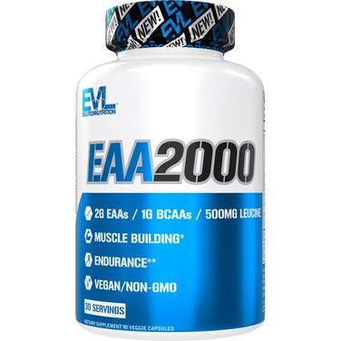 Evlution Nutrition EAA2000 - Pre &amp; Post Workout Capsules - Muscle Building + Recovery Supplement - 2g Essential Amino Acids + 1g BCAAs - Endurance + Energy Support - 30 Servings