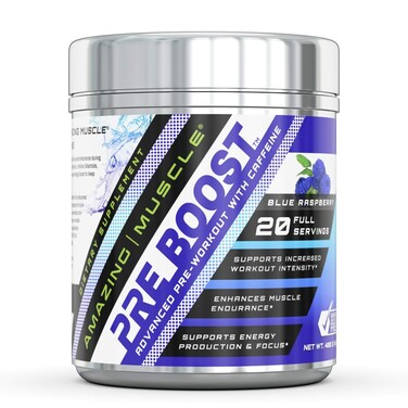 Amazing Muscle Pre Boost Formula with Caffeine Supplement   20 Servings Per Container   Blue Raspberry Flavor