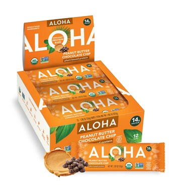ALOHA Organic Plant Based Protein Bars  Peanut Butter Chocolate Chip   1.98 Oz (Pack of 12)   Vegan, Low Sugar, Gluten Free, Paleo, Low Carb, Non-GMO, Stevia Free, Soy Free, No Sugar Alcohols
