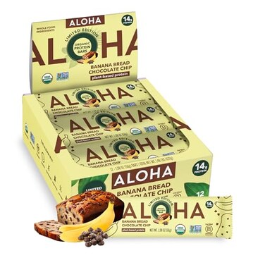 ALOHA Organic Plant Based Protein Bars - Banana Bread Chocolate Chip - 12 Count, 1.9oz Bars - Vegan Snacks, Low Sugar, Gluten-Free, Low Carb, Paleo, Non-GMO, Stevia-Free, No Sugar Alcohols