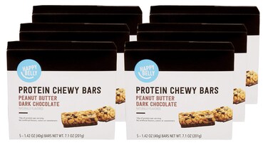Amazon Brand - Happy Belly Protein Chewy Bars, Peanut Butter &amp; Dark Chocolate, 30 Count (6 Packs of 5)