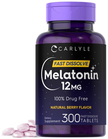 Carlyle Melatonin 12 mg Fast Dissolve 300 Tablets   Drug Free   Natural Berry Flavor   Vegetarian, Non-GMO, Gluten Free