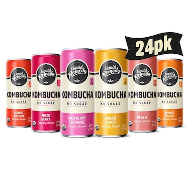 Liquid Remedy Kombucha Sugar Free Organic Drink, Low Calorie, Probiotic Like Tea for Gut Health - Super Sampler Variety Pack - 8.5 Fl Oz Can, 24-Pack