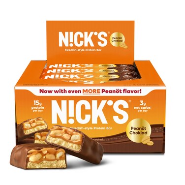 NICKS Protein Bars Chocolate Peanut   15g protein   200 calories   Low Carb Keto Friendly Snacks No Added Sugar (Multipack 12 bars x 50g)