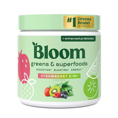 Bloom Nutrition Greens and Superfoods Powder for Digestive Health, Greens Powder, Digestive Enzymes, Probiotics, Spirulina, Chlorella for Bloating &amp; Gut Support, Green Juice, 30 SVG, Strawberry Kiwi