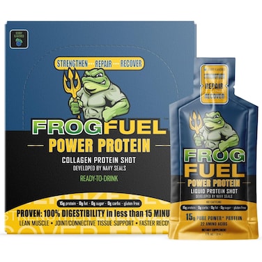 Frog Fuel Power Regular Protein Shot, 15g Protein Nano-Hydrolyzed Grass Fed Collagen, Post Workout, Gluten Free, Fat &amp; Sugar Free, 22 Amino Acids, 0 Carbs, Berry, 1 oz Packets, 24 Pack