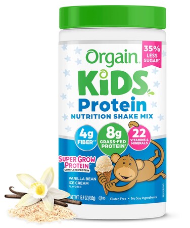 Orgain Kids Protein Powder Shake Mix, Vanilla Bean Ice Cream - 8g Grass-Fed Dairy Protein, 4g Fiber, 22 Vitamins &amp; Minerals, Gluten Free, No Soy Ingredients, Adds Healthy Nutrients to Kids Snacks, 1lb