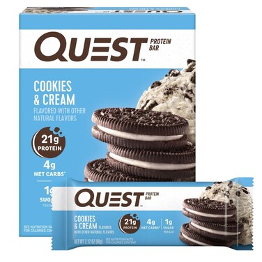 Quest Nutrition Cookies &amp; Cream Protein Bars, 21g Protein, 4g Net Carbs, 1g Sugar, Gluten Free, Keto Friendly, 4 Count