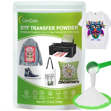 CenDale DTF Powder, 500g/17.6oz White Hot Melt Adhesive Digital DTF Transfer Powder for Sublimation, Compatible with DTF and DTG Printers, DTF PreTreat Powder for All Fabric Jeans Cotton T-Shirt