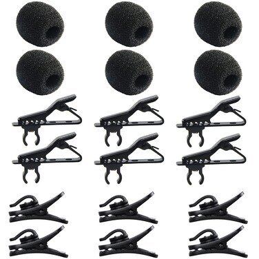 AUGSUN 18Pcs Lapel Microphone Clips Replacement Kit, 6Pcs Lavalier Mic Clips Metal Tie Clips Lavalier Microphone Clips, 6Pcs Windscreen Foam Cover and 6Pcs Plastic Wire Clips